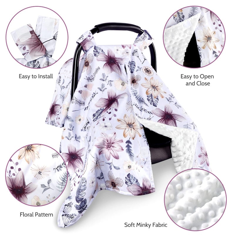 Jundetye Baby Car Seat Cover, Peekaboo Opening Spring Car Seat Canopy for Baby Girls Boys, Mom Nursing Breastfeeding Covers, Blanket for Infant, Purple Watercolor Flower - Image 2